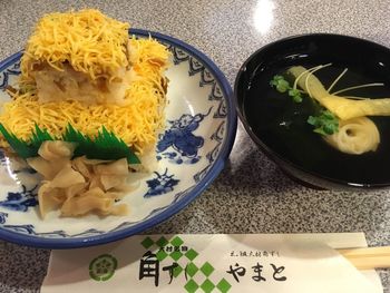 High angle view of food in plate on table