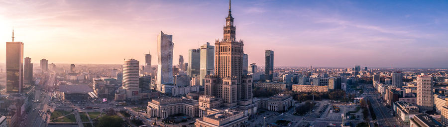 Aerial view of city at sunset