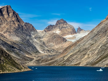 Scenic view of sea and mountains against sky