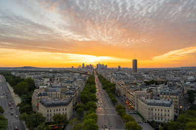 High angle view of cityscape against sky during sunset