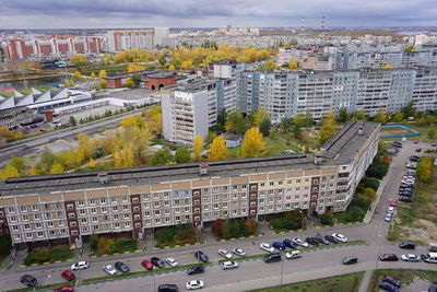 High angle view of street amidst buildings in city