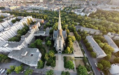 High angle view of buildings in city