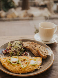 Close-up of breakfast served on table