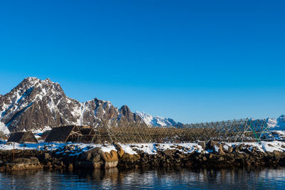 Scenic view of snowcapped mountains against clear blue sky