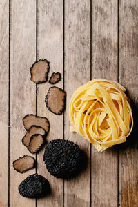 Directly above shot of food on wooden table