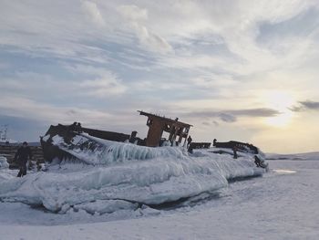 Abandoned ship was frozen in baykal lake 