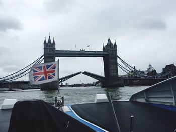 View of suspension bridge against cloudy sky