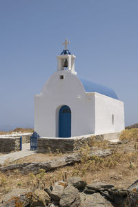 Low angle view of church against clear blue sky