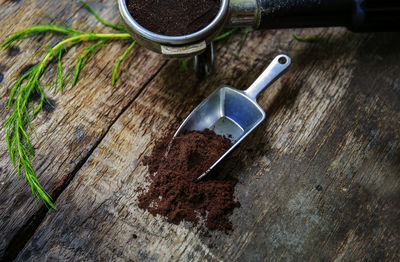 High angle view of coffee beans on table