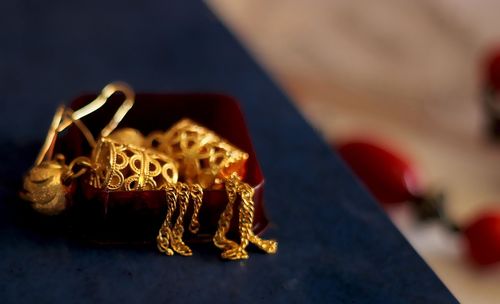 Close-up of candles on table