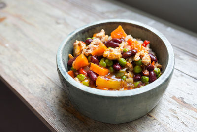 High angle view of salad in bowl on table