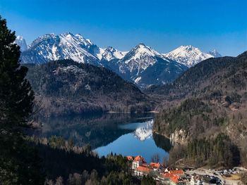 Scenic view of snowcapped mountains and lake against sky