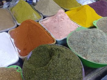 High angle view of candies for sale at market stall