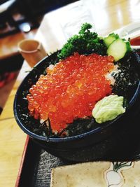 High angle view of salad in bowl on table