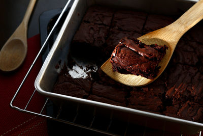 High angle view of chocolate in baking sheet