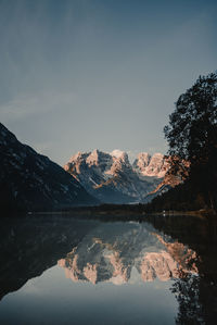 Scenic view of lake and mountains against sky during winter