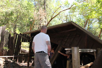 Rear view of man standing against trees