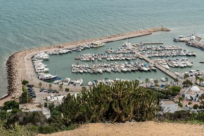 High angle view of sailboat on beach