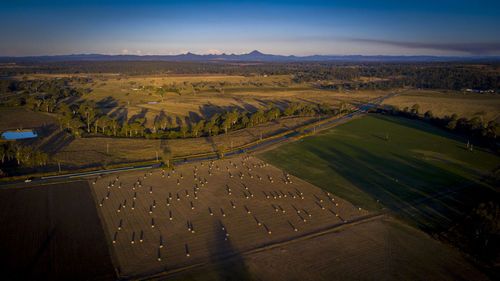 High angle view of agricultural field against sky