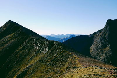 Scenic view of mountain range against clear blue sky