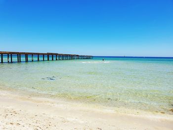 Scenic view of beach against clear blue sky