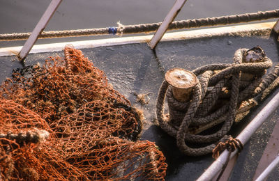 High angle view of rope with fishing net