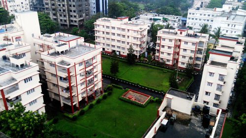High angle view of residential buildings in city