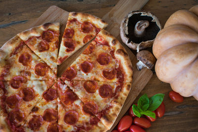 High angle view of pizza on table