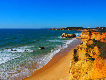 Scenic view of sea against clear blue sky