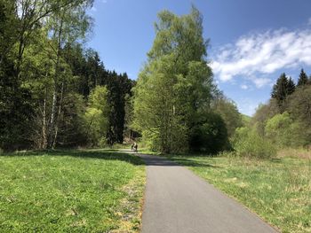 Road amidst trees on field against sky