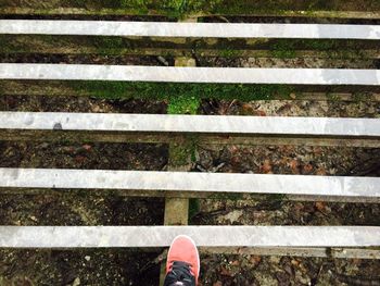 Low section of person standing on railroad track