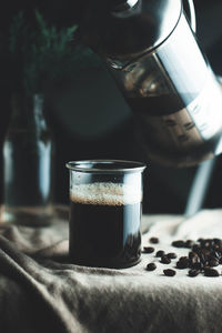 Close-up of coffee in glass on table