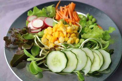 High angle view of chopped vegetables in plate