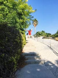 Playful man jumping on steps by plants on sunny day