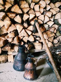 Stack of logs in forest