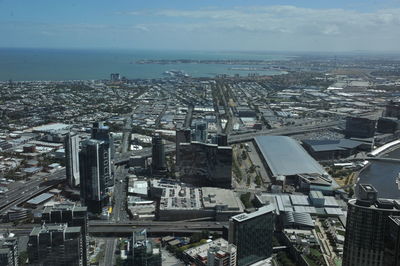 High angle view of buildings against sky in city