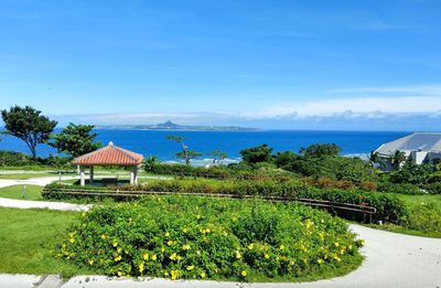 Scenic view of sea against clear blue sky