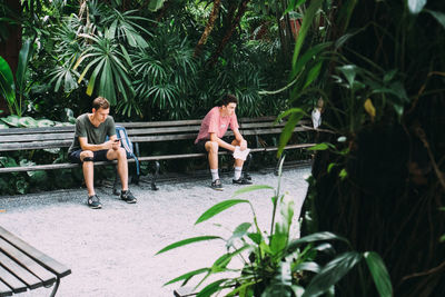 People sitting by plants against trees