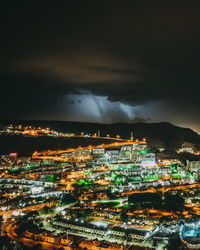 Illuminated cityscape against sky at night