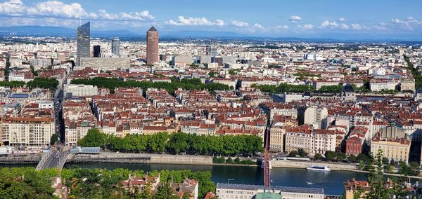 High angle view of townscape against sky