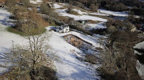 High angle view of frozen trees on land