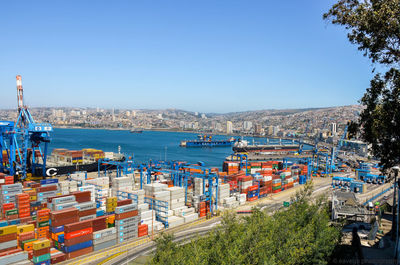 High angle view of harbor against clear sky