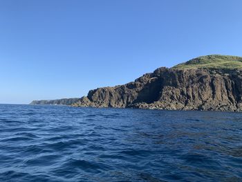 Scenic view of sea against clear blue sky
