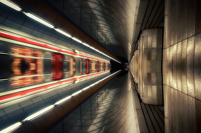 Blurred motion of train at subway station