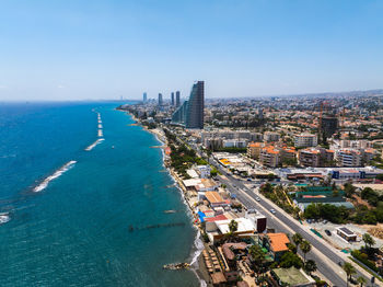 High angle view of cityscape against clear sky