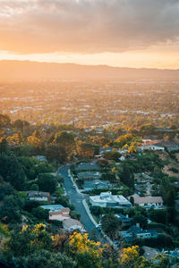 High angle view of townscape against sky during sunset