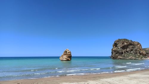 Scenic view of sea against clear blue sky