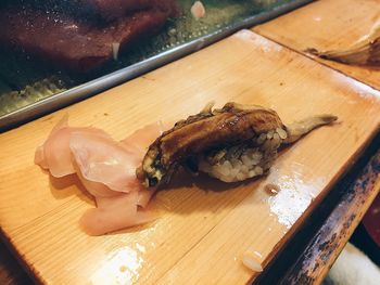 Close-up of sushi served on table