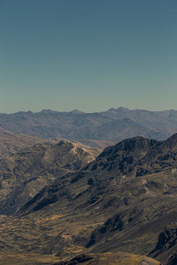 Scenic view of dramatic landscape against clear blue sky