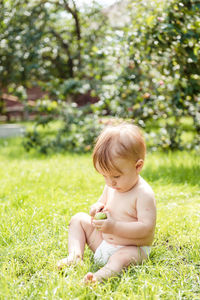 Little boy siting on the grass and holds an apple